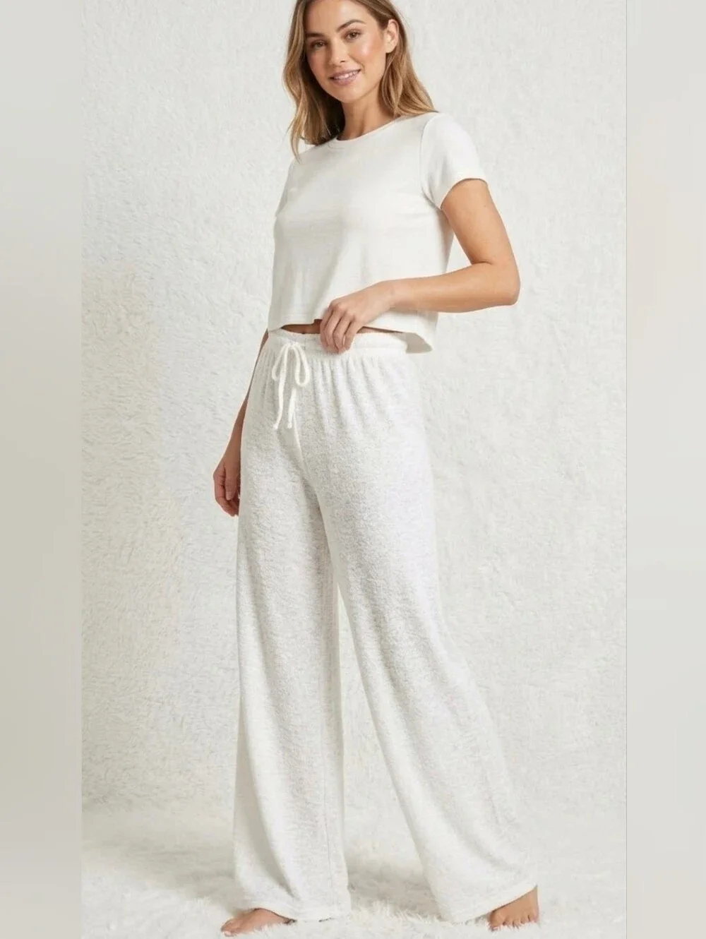 White Flare Knit Trouser Pants Size M Medium Mesh Palazzo Slouchy Pointelle NWT